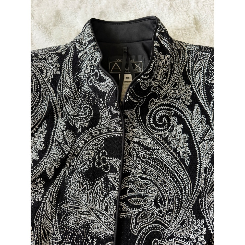 Alex Evenings Womens 1X Paisley Metallic Zip Front Jacket Black Silver Formal